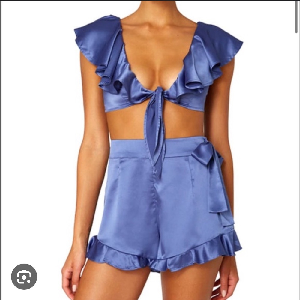 WeWoreWhat Satin Ruffle Crop Top & Shorts Set in Periwinkle Blue